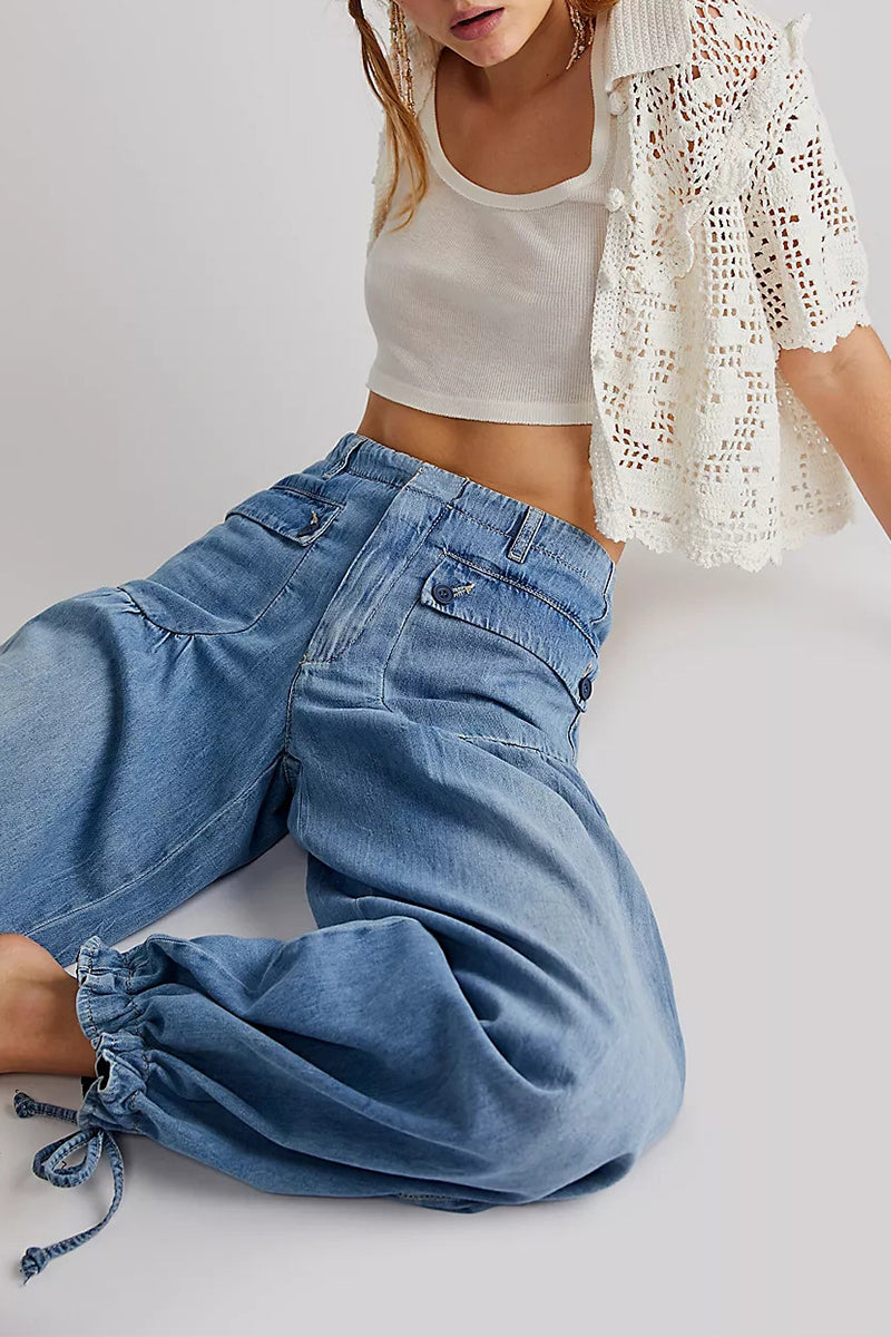 Street Solid Patchwork High Waist Loose Denim Jeans(3 Colors)