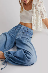 Street Solid Patchwork High Waist Loose Denim Jeans(3 Colors)