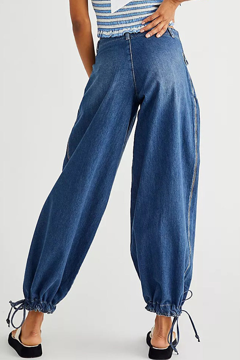 Street Solid Patchwork High Waist Loose Denim Jeans(3 Colors)