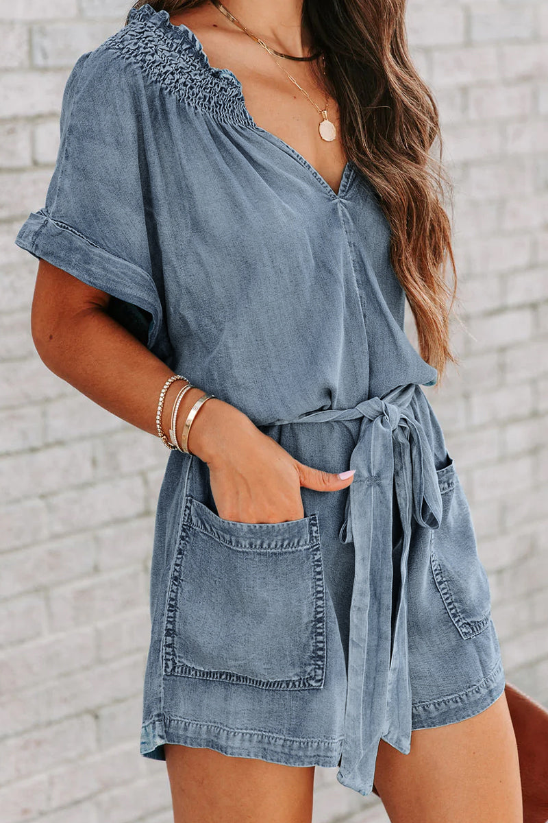 Amsoin Short Sleeve High Waist Loose Denim Jumpsuits