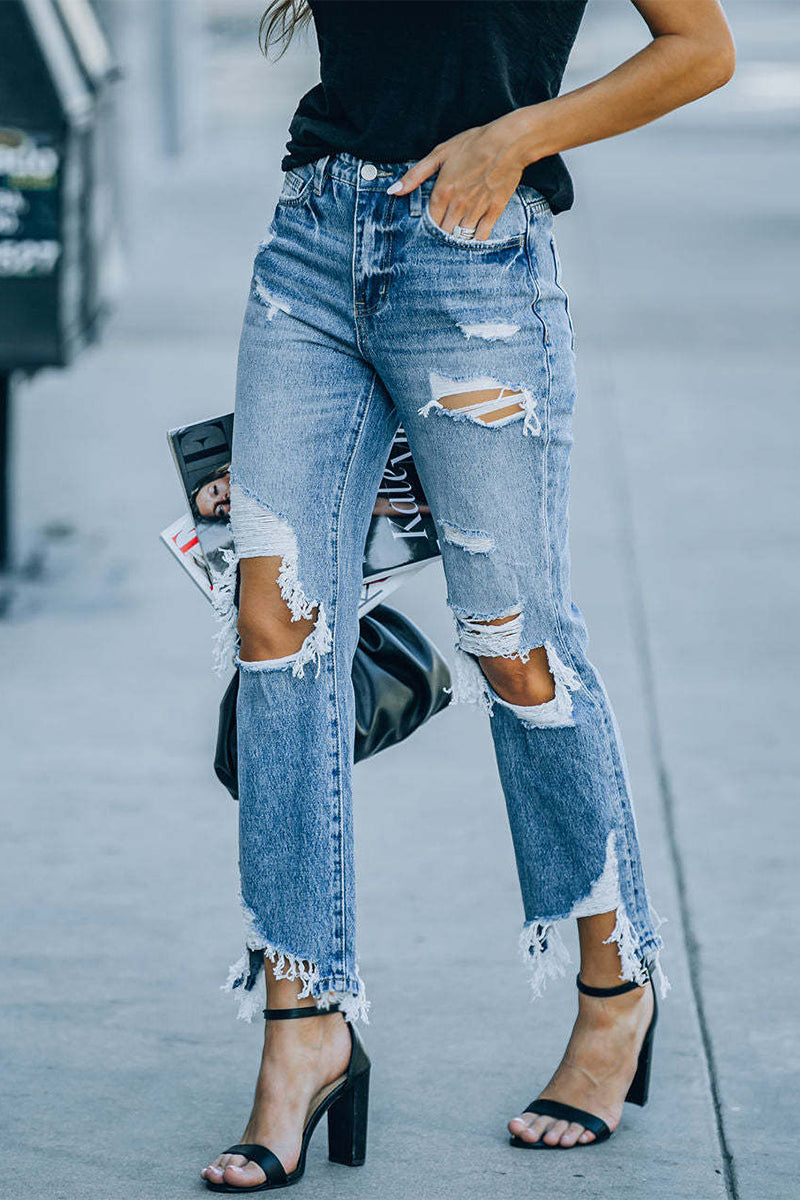 Casual Street Solid Ripped Make Old High Waist Regular Denim Jeans