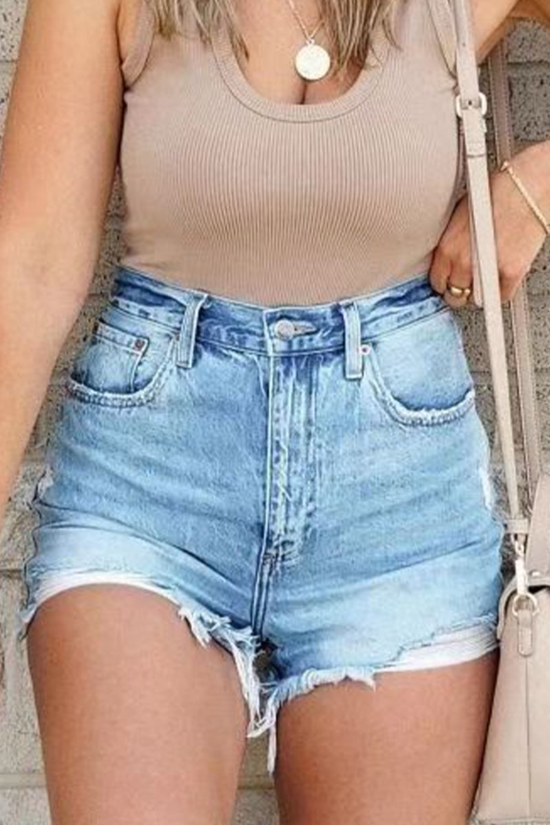 Casual Street Solid Ripped High Waist Denim Shorts