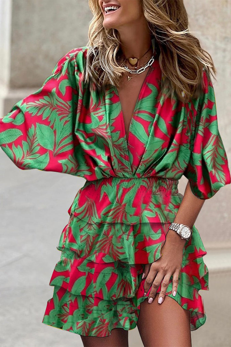 Amsoin Sweet Elegant Floral Patchwork V Neck Cake Skirt Dresses