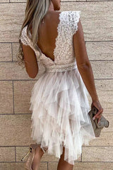 Amsoin Sweet Elegant Solid Mesh V Neck Irregular Dress (3 Colors)