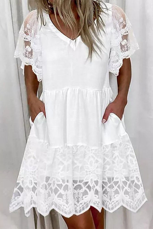 Amsoin Sweet Elegant Solid Lace Pocket A Line Short Sleeve Dress