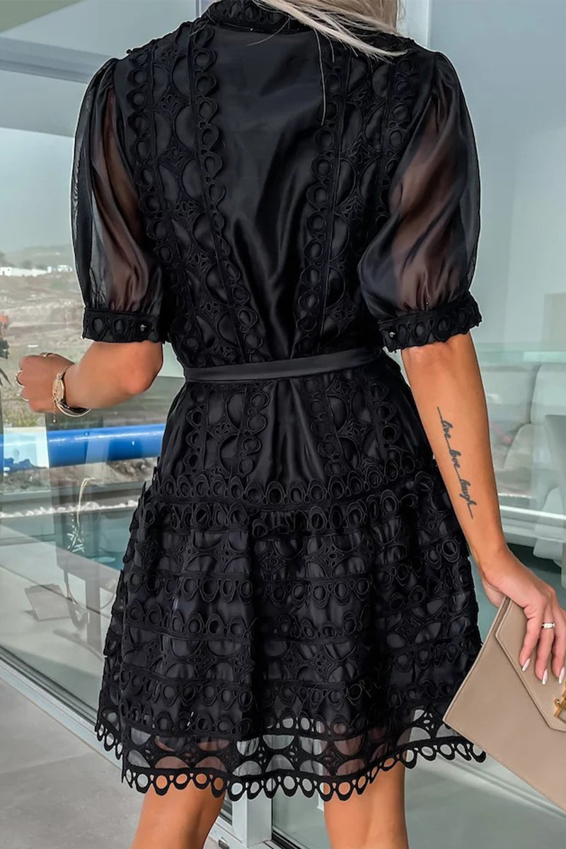 Amsoin Sweet Elegant Solid Hollowed Out Frenulum Mandarin Collar Princess Dresses