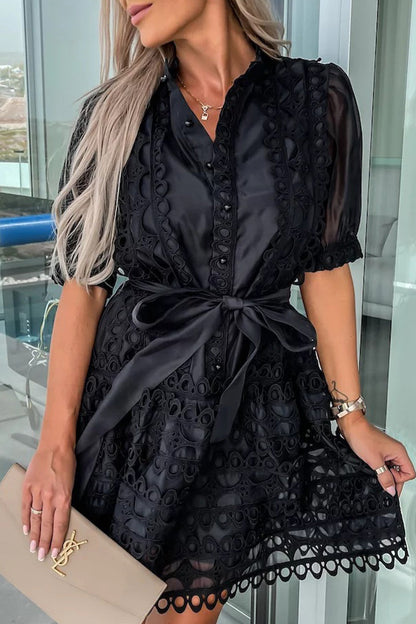 Amsoin Sweet Elegant Solid Hollowed Out Frenulum Mandarin Collar Princess Dresses