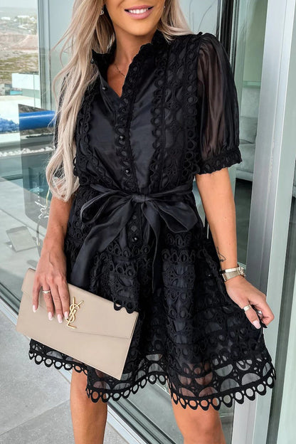 Amsoin Sweet Elegant Solid Hollowed Out Frenulum Mandarin Collar Princess Dresses