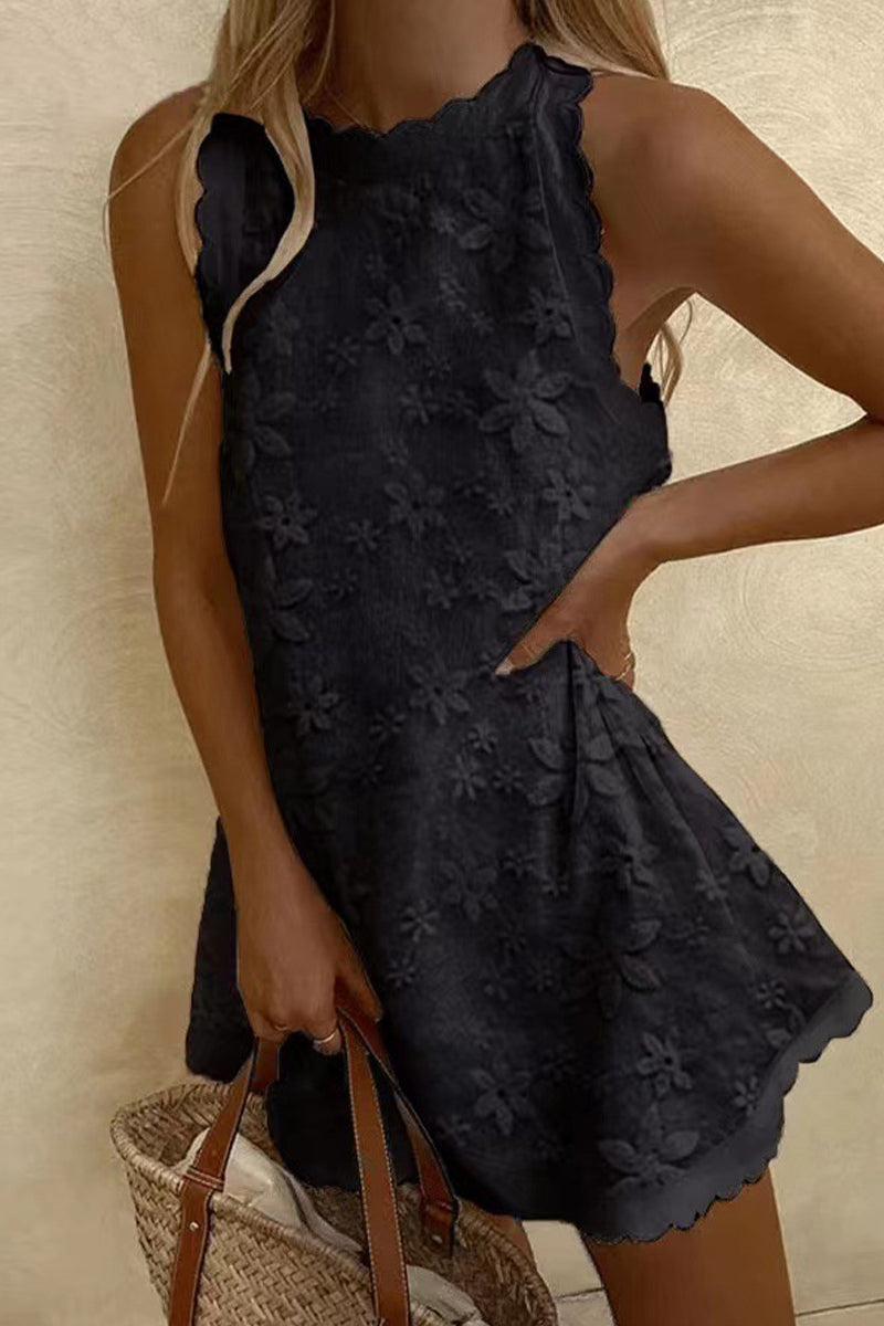 Amsoin Sweet Vacation Solid Embroidered Vest Dress