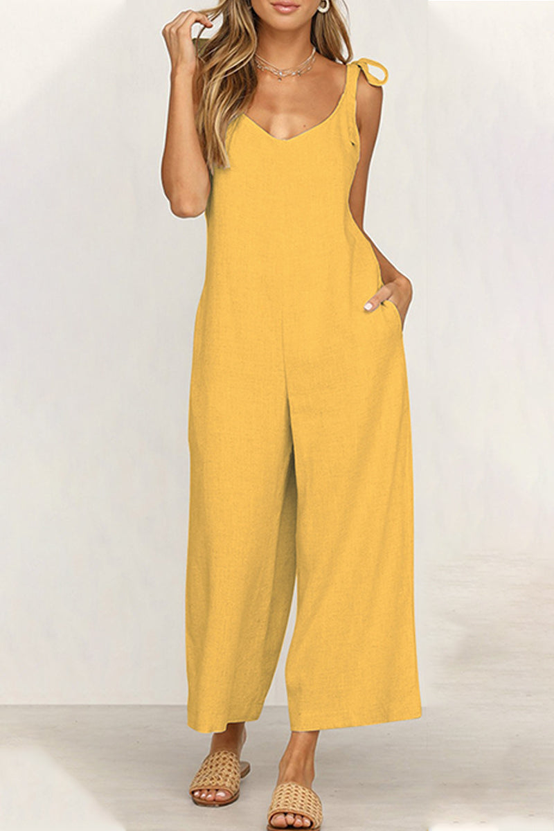 Amsoin Casual Daily Solid Pocket V Neck Loose Jumpsuits