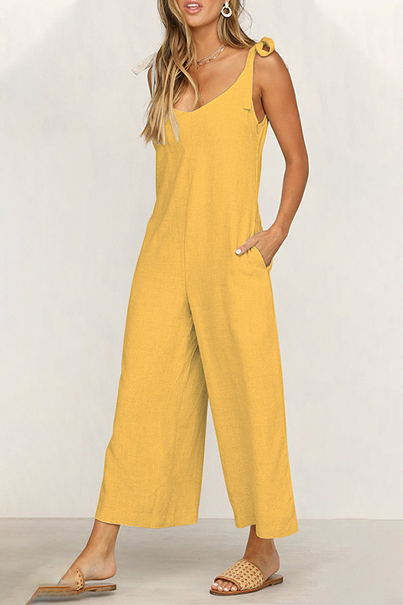 Amsoin Casual Daily Solid Pocket V Neck Loose Jumpsuits