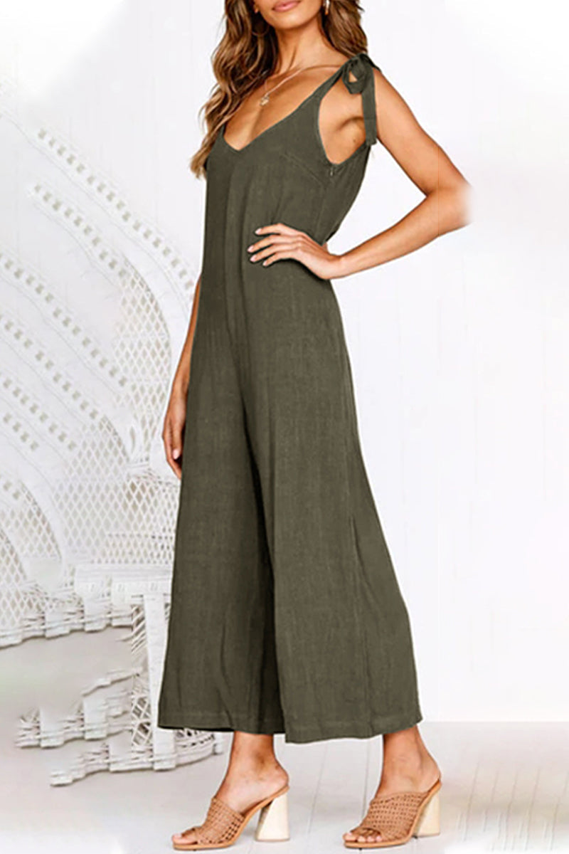 Amsoin Casual Daily Solid Pocket V Neck Loose Jumpsuits