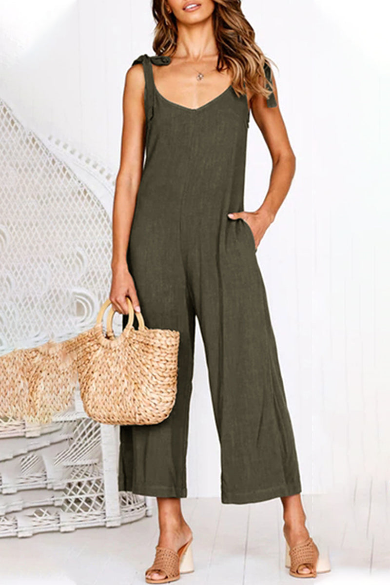 Amsoin Casual Daily Solid Pocket V Neck Loose Jumpsuits