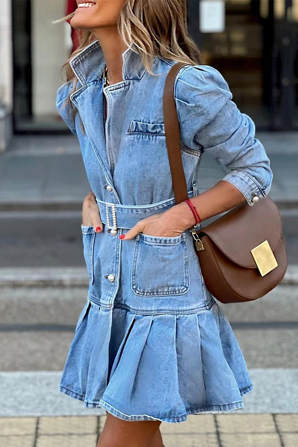 Casual Street Solid Pocket Turndown Collar Long Sleeve High Waist Regular Denim Dresses
