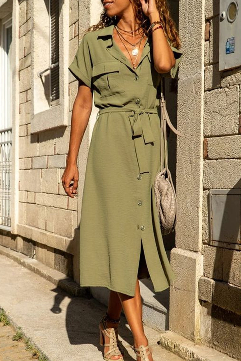 Casual Simplicity Solid Frenulum Turndown Collar Shirt Dress Dresses