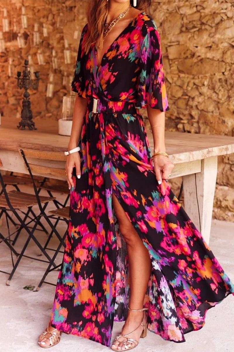 Bohemian College Floral Patchwork With Belt V Neck Waist Skirt Dresses