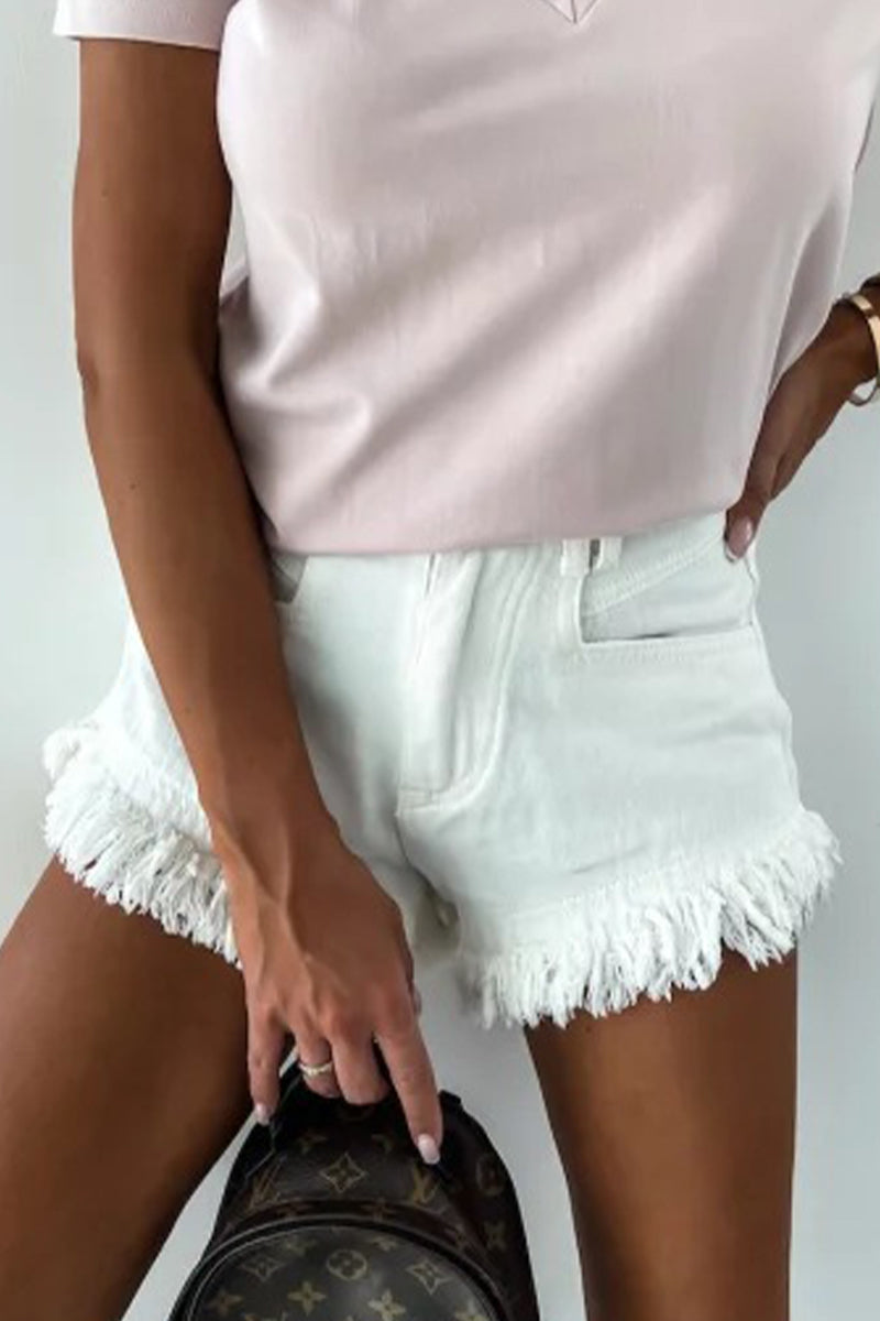 Casual Street Solid Tassel Make Old Without Belt Loose Denim Shorts