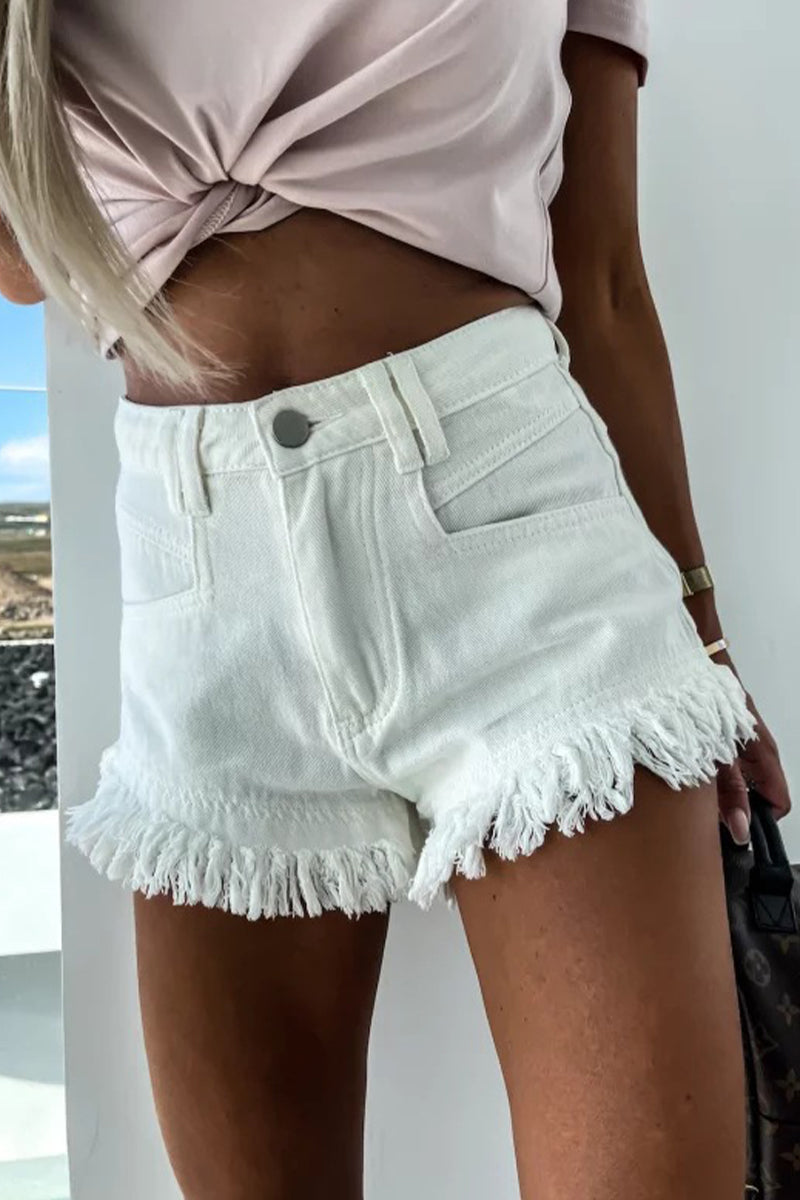 Casual Street Solid Tassel Make Old Without Belt Loose Denim Shorts