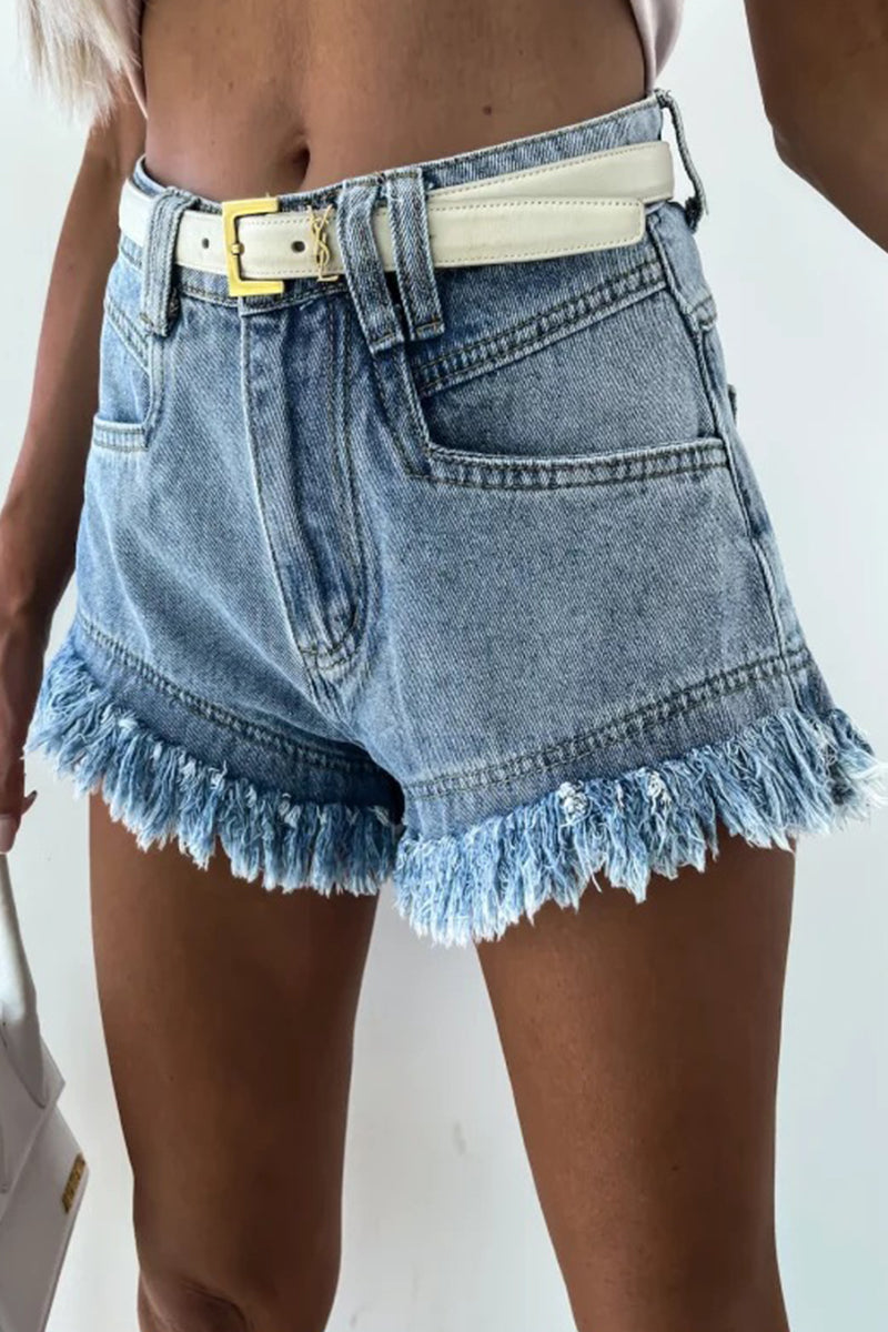 Casual Street Solid Tassel Make Old Without Belt Loose Denim Shorts