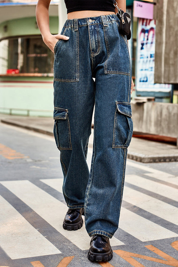 Casual Street Solid Pocket Loose Denim Jeans