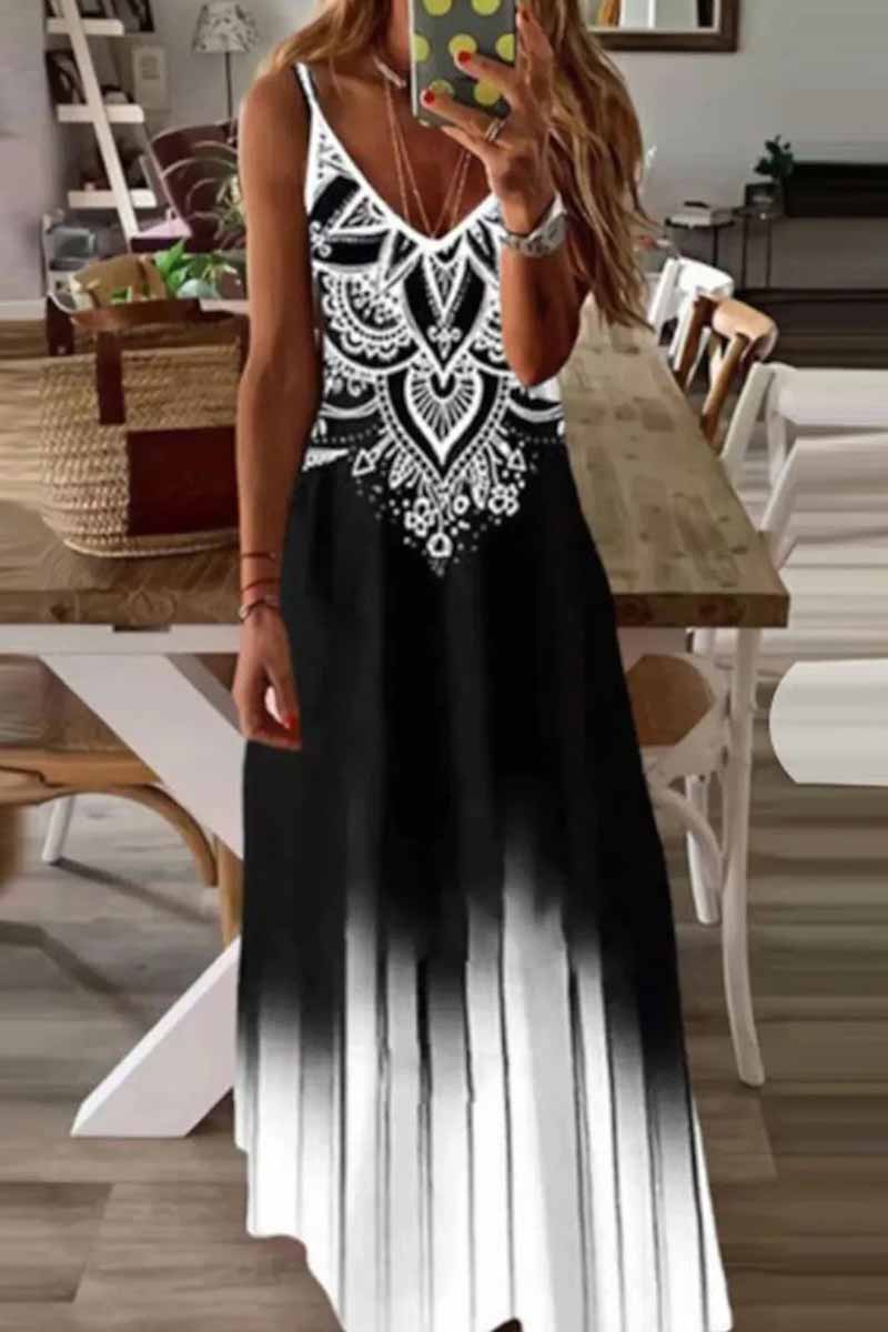 Street Print Patchwork V Neck A Line Dresses