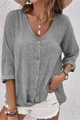 Simplicity Solid Buttons V Neck Tops