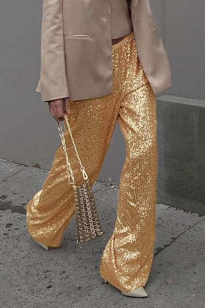 Casual British Style Solid Sequins Loose Low Waist Straight Solid Color Bottoms