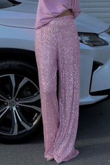 Casual British Style Solid Sequins Loose Low Waist Straight Solid Color Bottoms