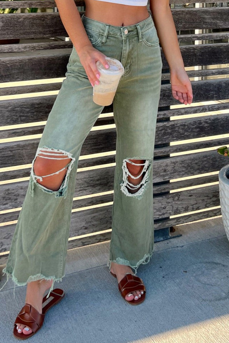 Casual Solid Ripped Patchwork High Waist Regular Denim Jeans