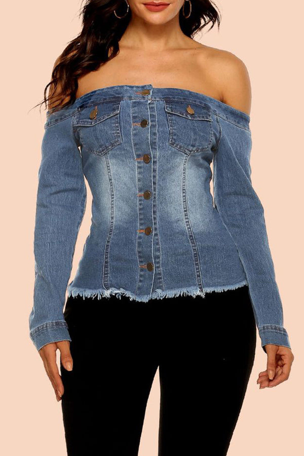 Sexy Print Patchwork Off the Shoulder Long Sleeve Regular Denim Jacket