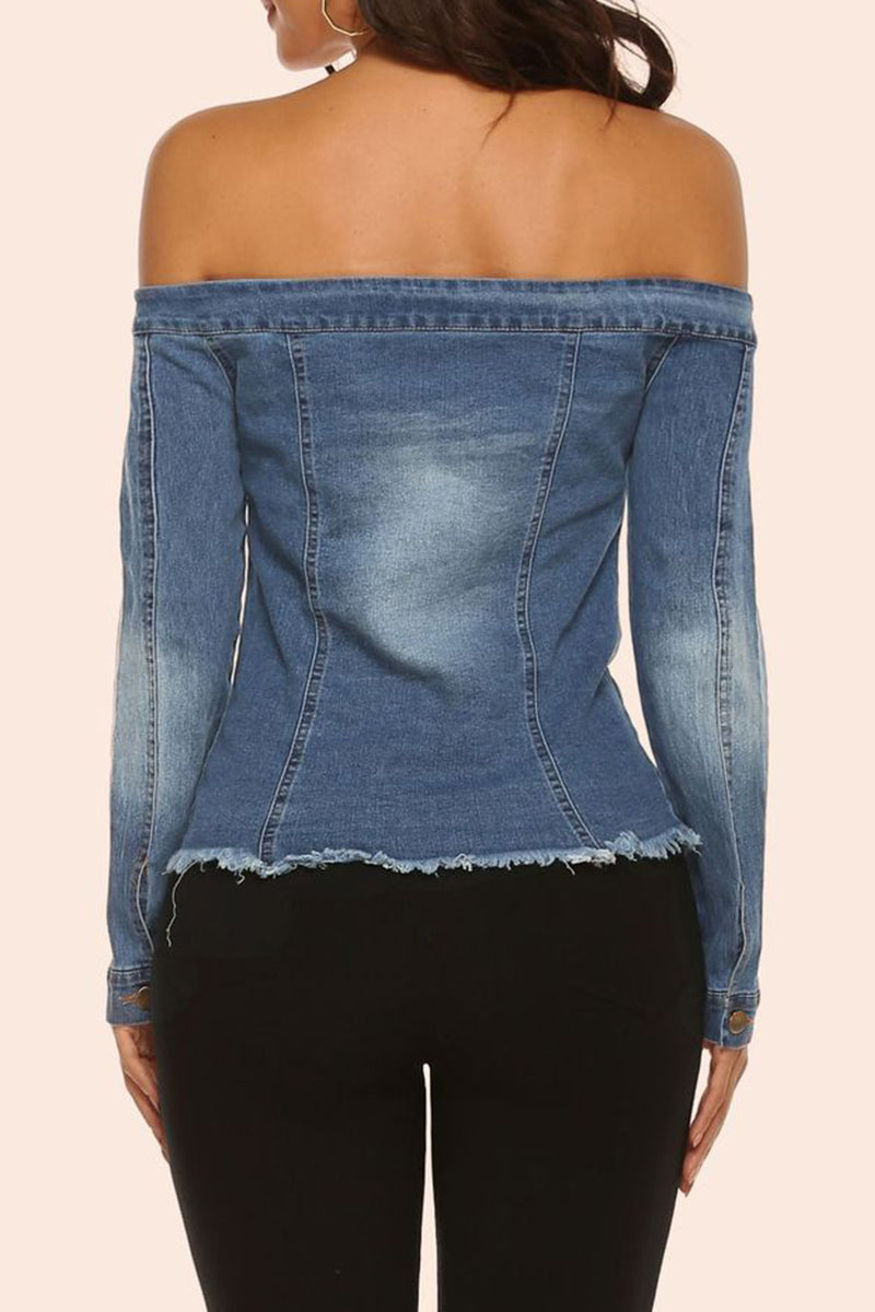 Sexy Print Patchwork Off the Shoulder Long Sleeve Regular Denim Jacket