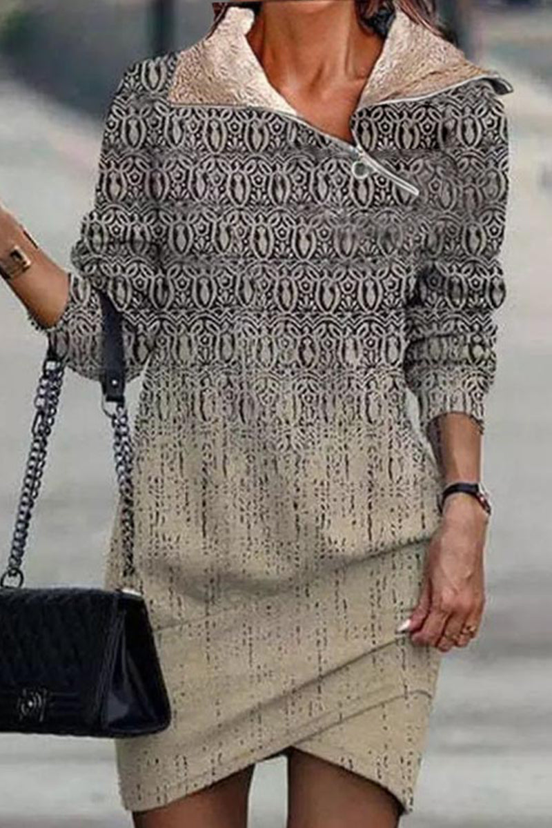 Casual Print Patchwork Oblique Collar A Line Dresses