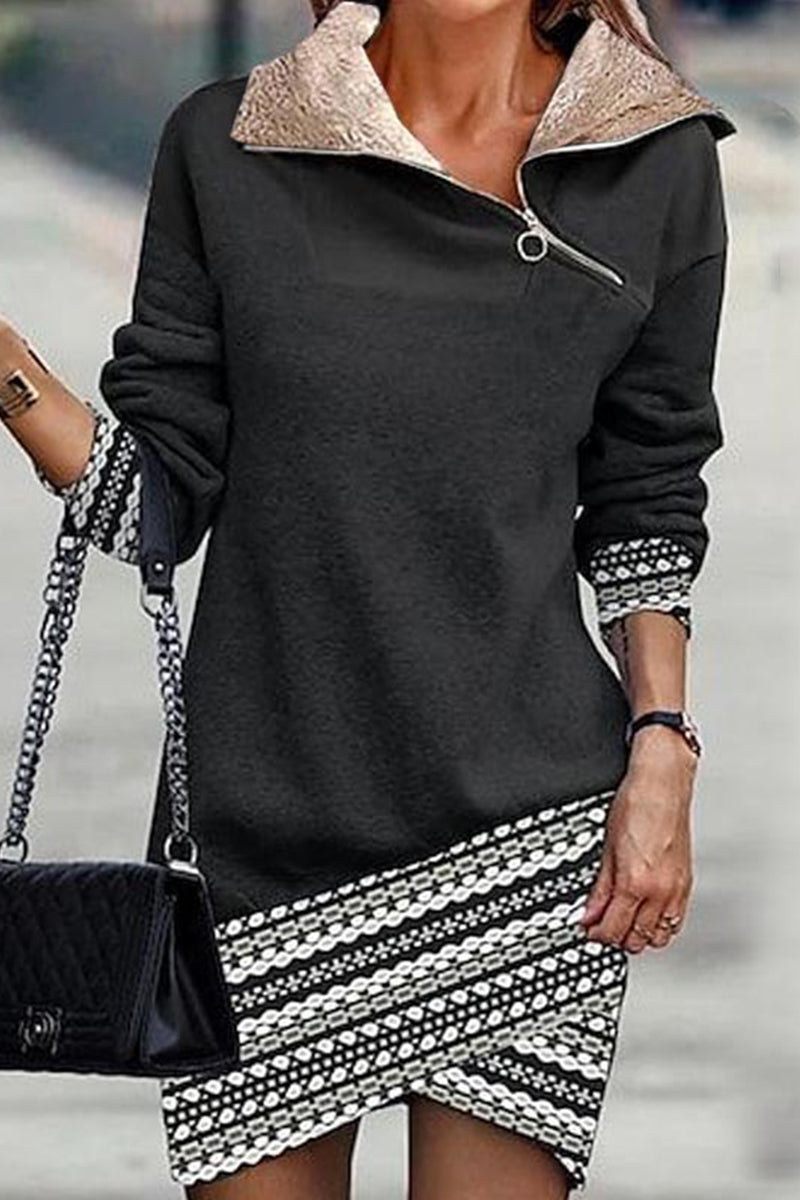 Casual Print Patchwork Oblique Collar A Line Dresses