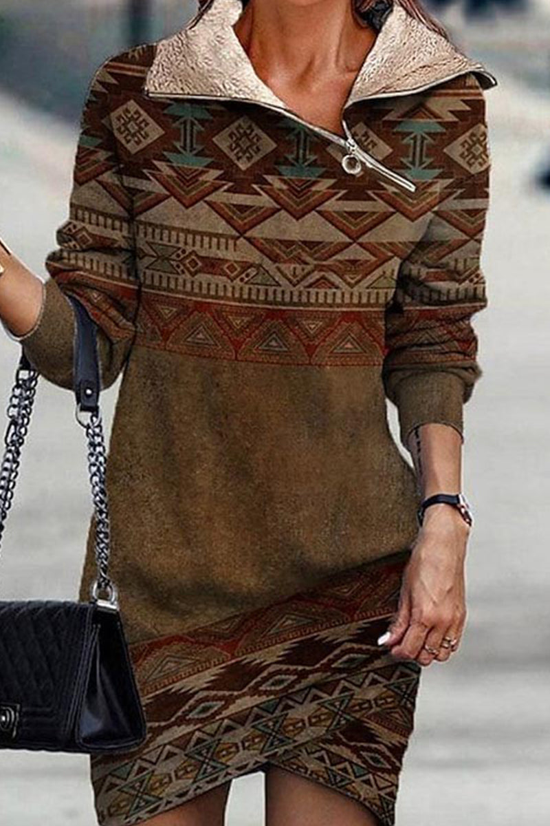 Casual Print Patchwork Oblique Collar A Line Dresses