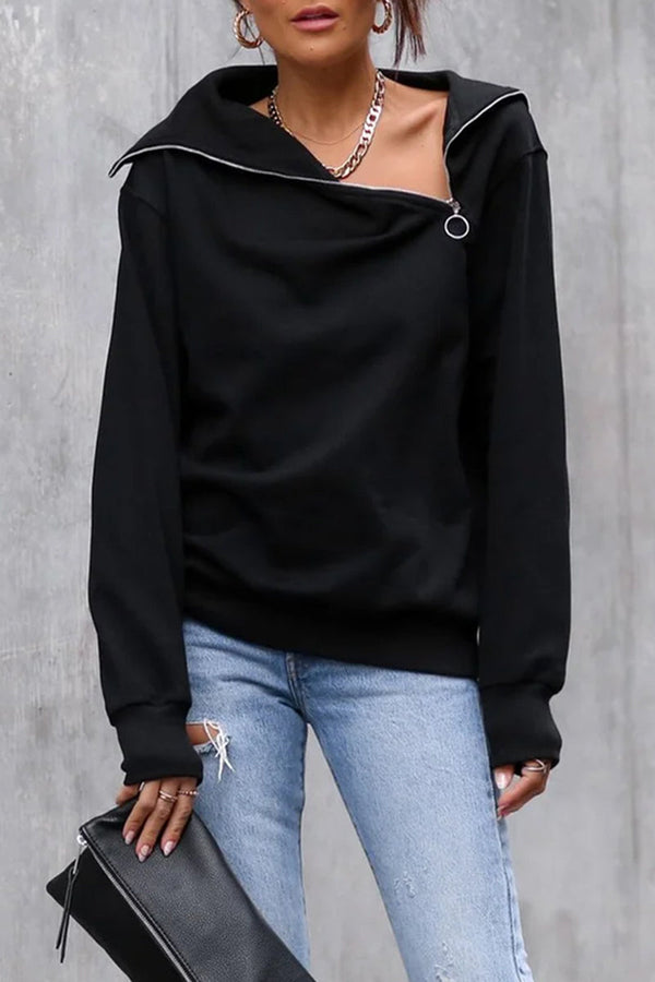 Street Solid Zipper Asymmetrical Collar Tops