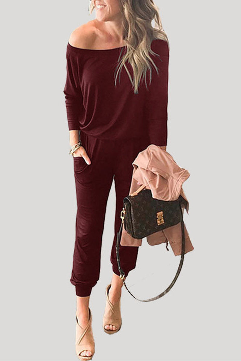 Casual Solid Pocket Oblique Collar Regular Jumpsuits