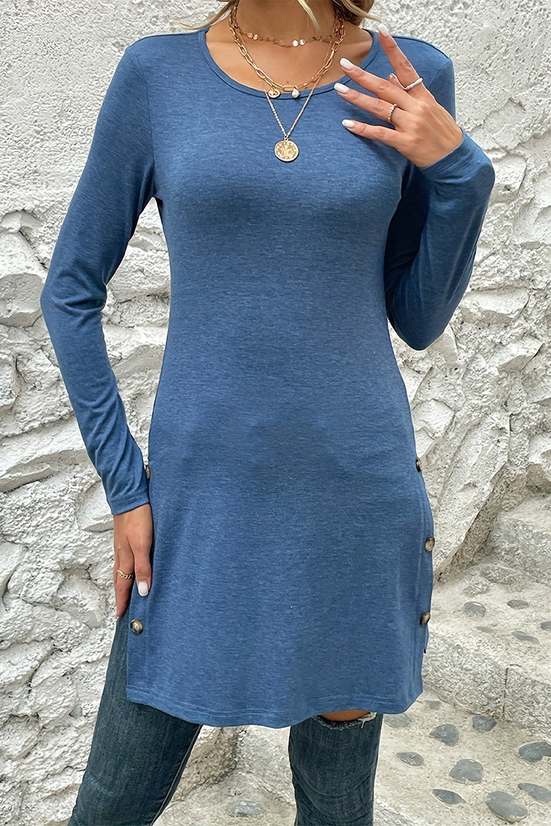 Casual Solid Buttons O Neck One Step Skirt Dresses