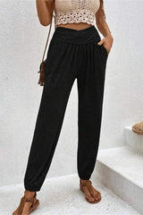 Casual Solid Pocket Loose High Waist Pencil Solid Color Bottoms