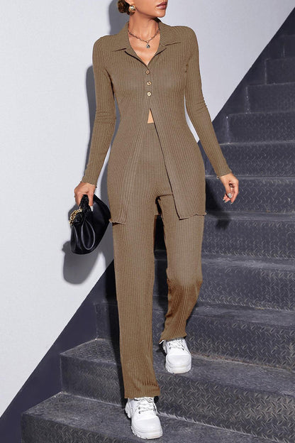 Casual Simplicity Solid Buckle Turndown Collar Long Sleeve Two Pieces
