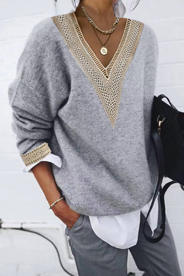 Casual Solid Patchwork V Neck Tops