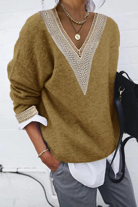 Casual Solid Patchwork V Neck Tops