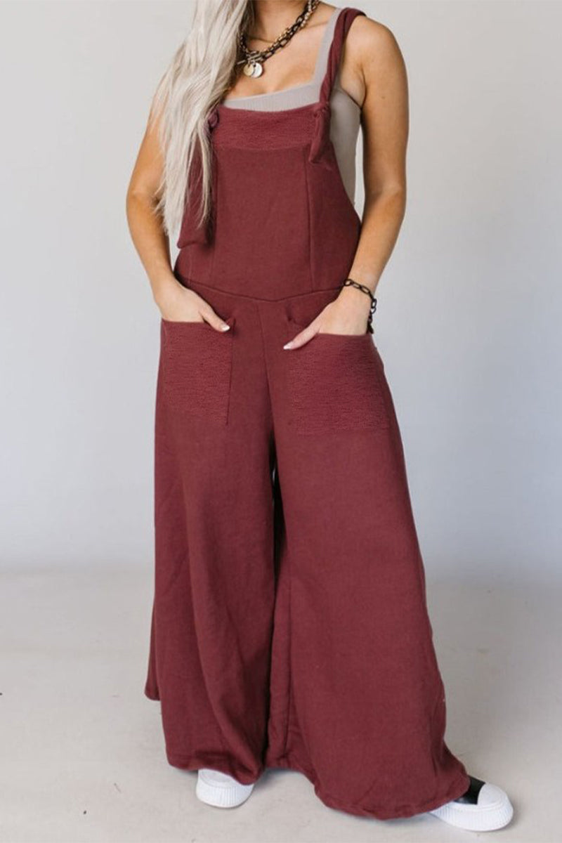 Casual Solid Pocket U Neck Loose Jumpsuits