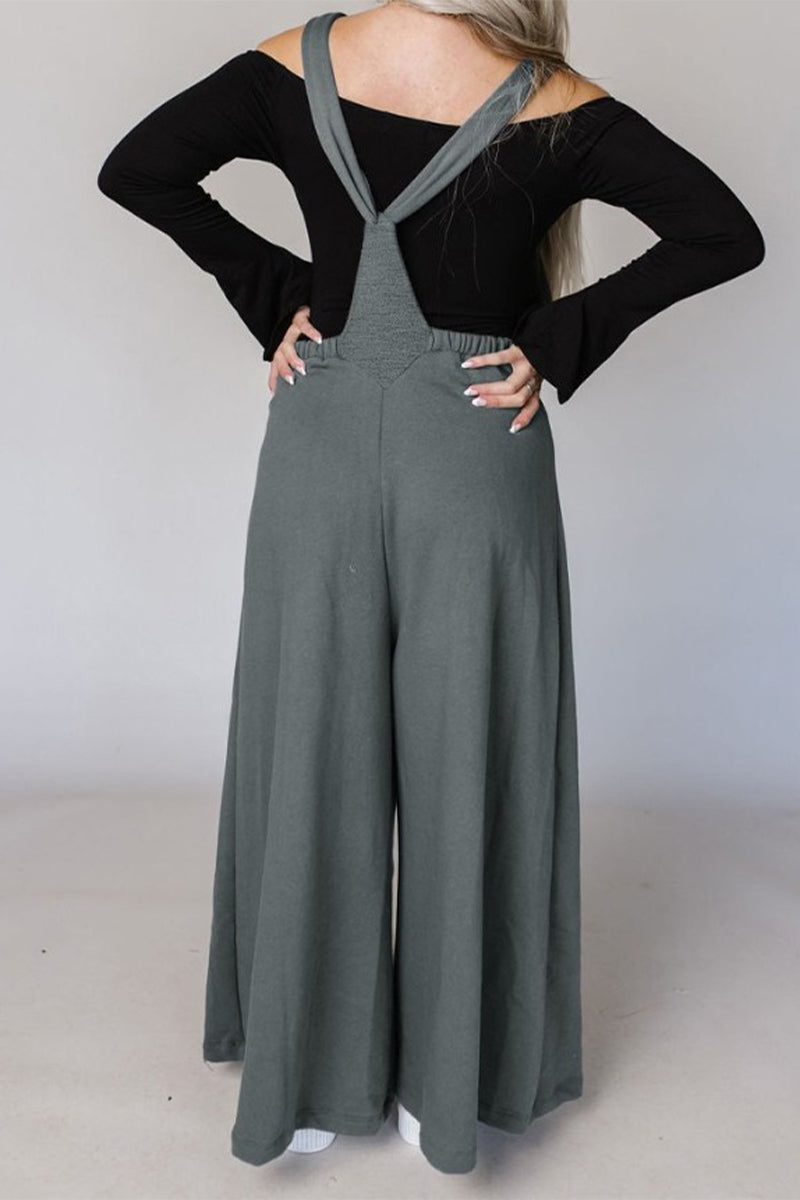 Casual Solid Pocket U Neck Loose Jumpsuits