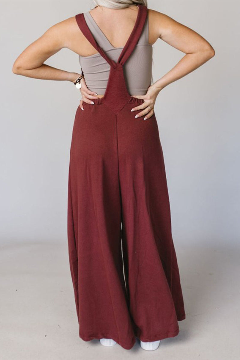 Casual Solid Pocket U Neck Loose Jumpsuits