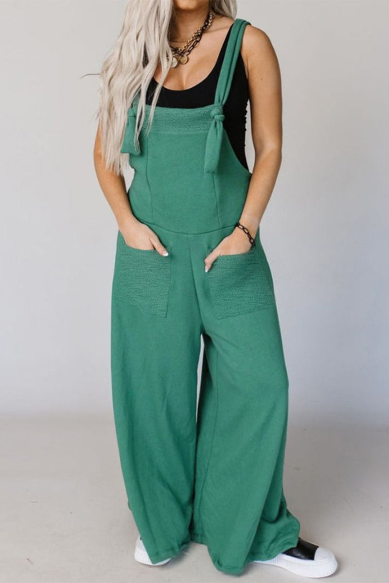 Casual Solid Pocket U Neck Loose Jumpsuits