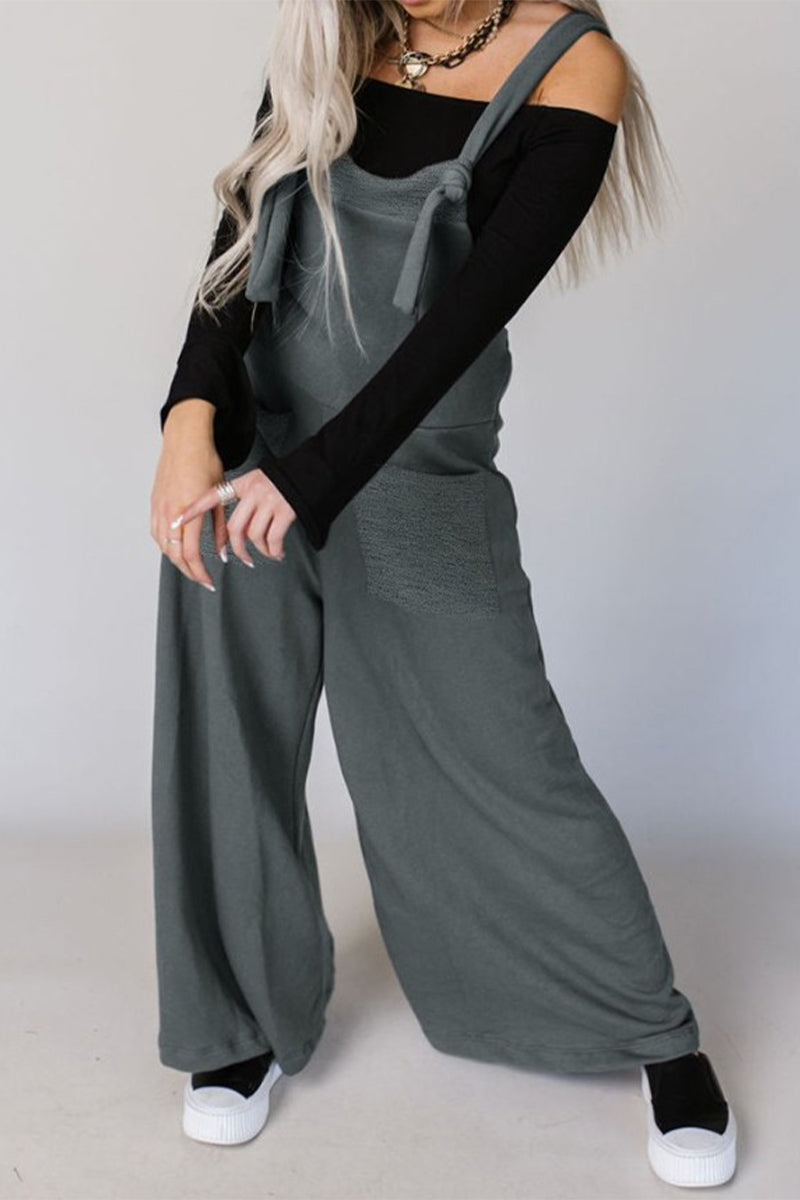Casual Solid Pocket U Neck Loose Jumpsuits