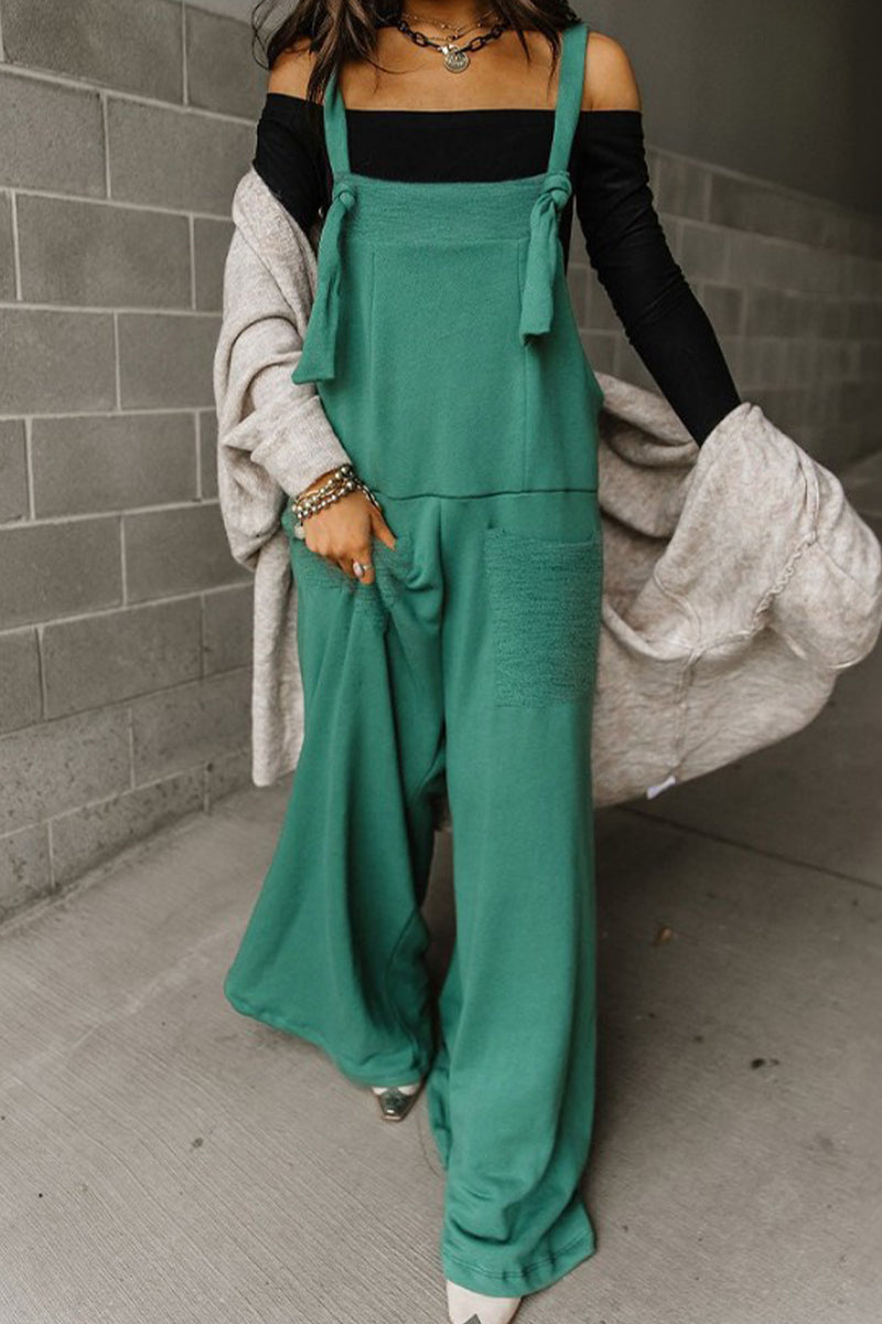Casual Solid Pocket U Neck Loose Jumpsuits