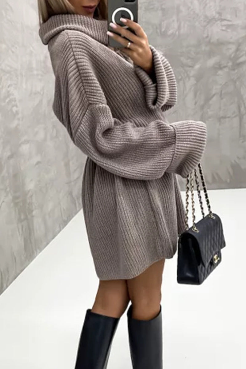 Elegant Solid Patchwork Turtleneck One Step Skirt Dresses