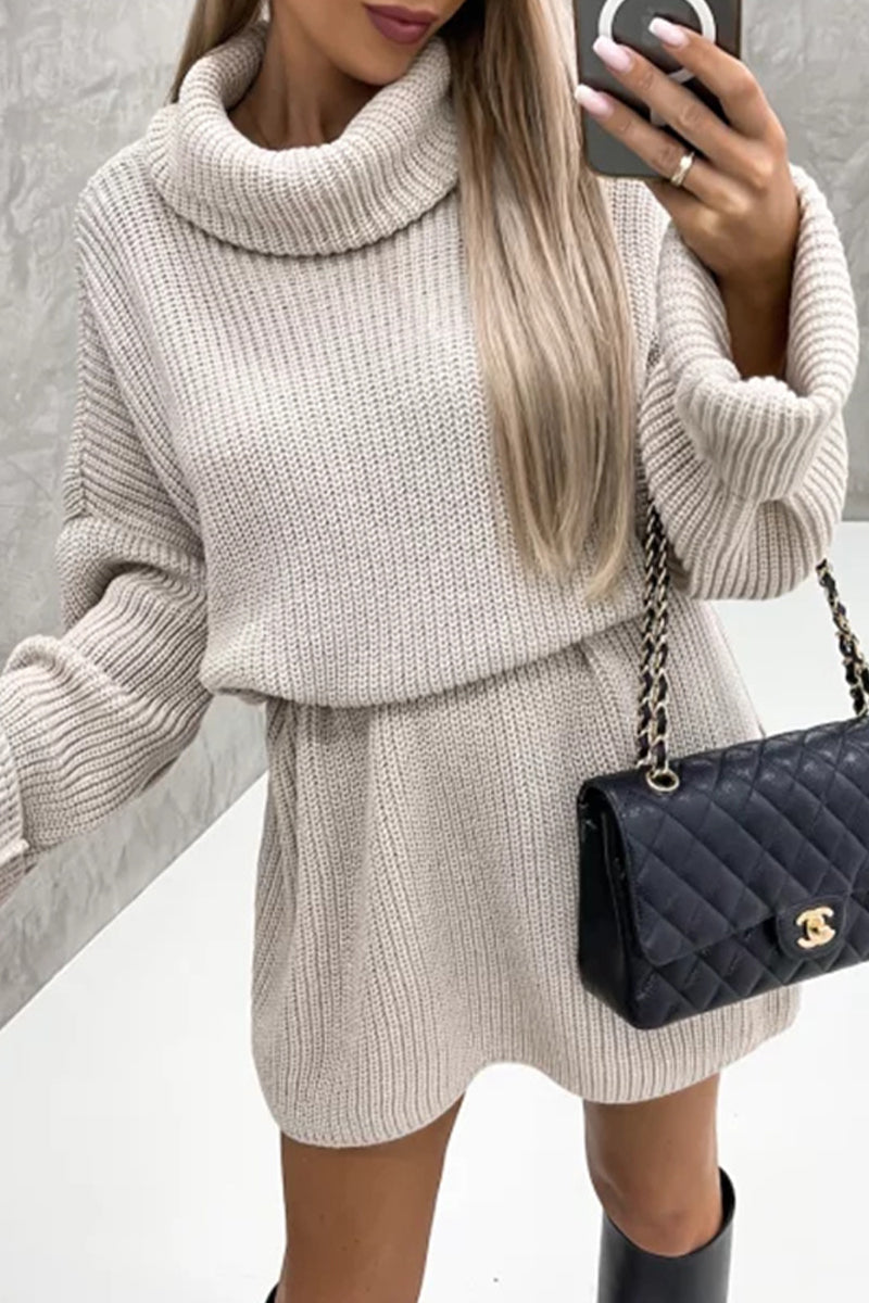 Elegant Solid Patchwork Turtleneck One Step Skirt Dresses