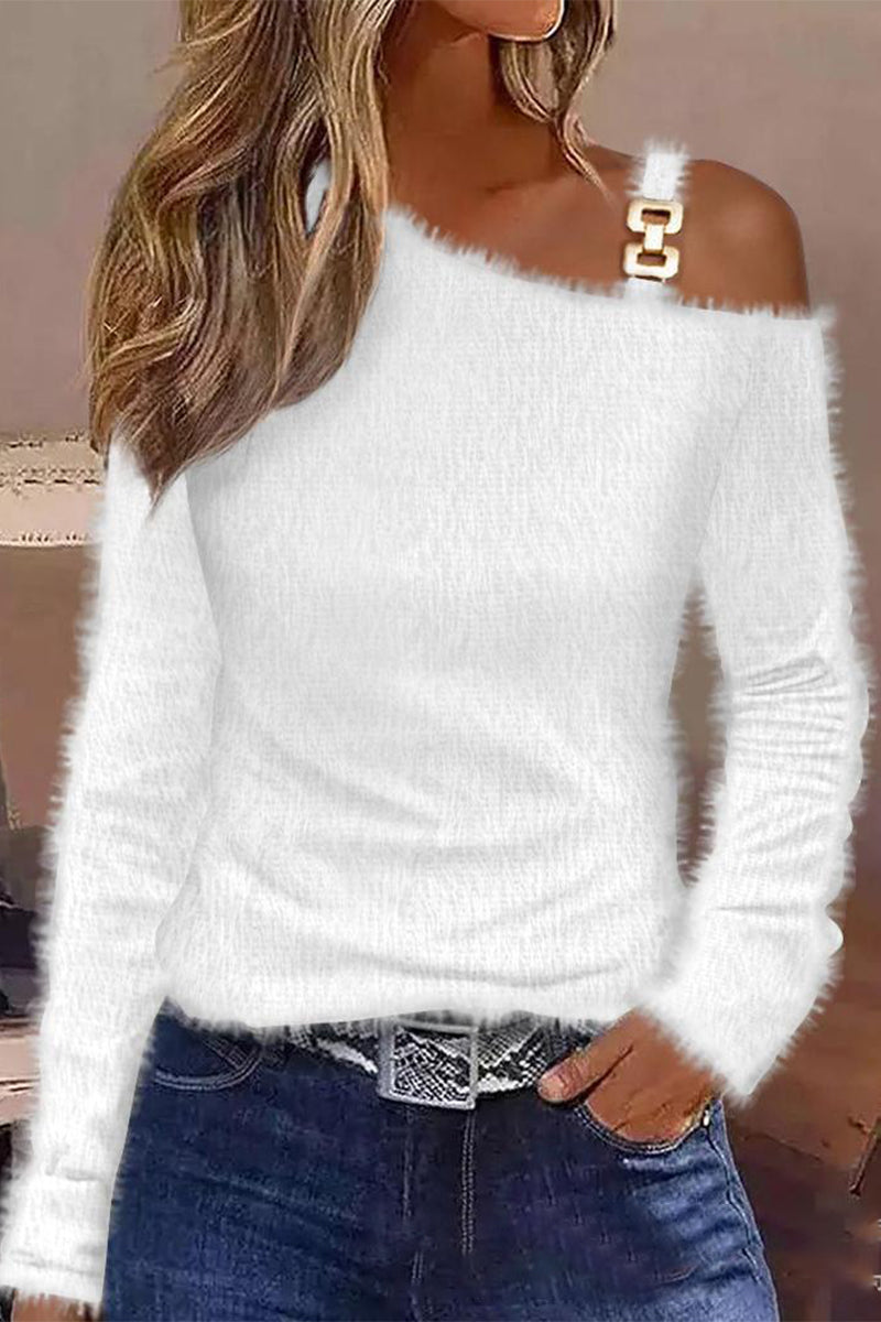 Sexy Color Block Patchwork Oblique Collar Tops